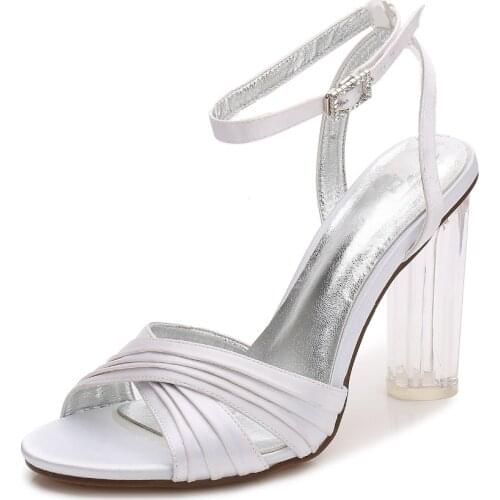 Creativesugar clear block heel lady satin dress high heel sandals summer party prom shoes crossed band pleated ankle strap heels