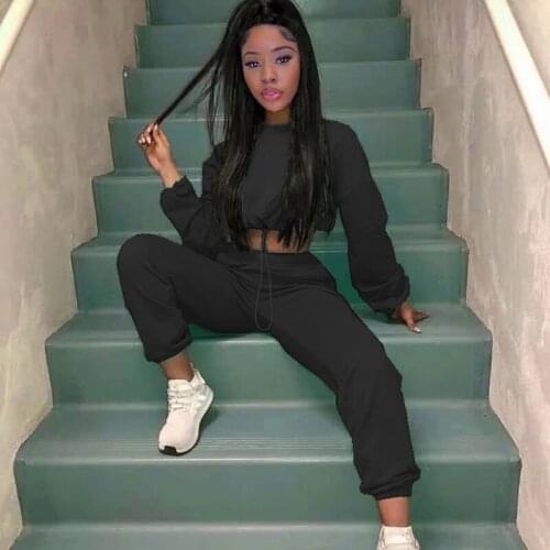 Women High-waist Cropped Sweatshirt Sportwear Tracksuit Winter Drawstring Short Sweat Top + Jogging Sweatpants Suit 2pcs Outfits