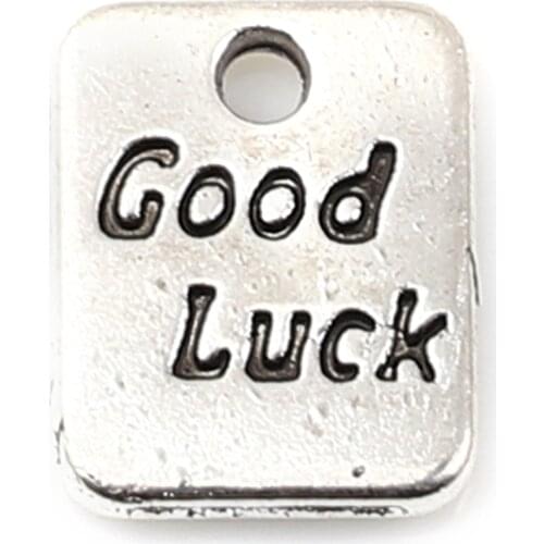 DoreenBeads 100 PCs Zinc Based Alloy Charms Rectangle Antique Silver Color Message " GOOD LUCK " Jewelry Findings 9mm x 7mm