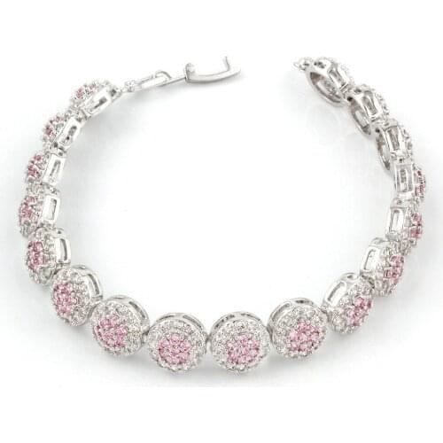 Hermosa Gift Shiny Round Pink Kunzite WhiteTopaz Bracelet 18cm For Women HS0080B Party Fashion Jewelry