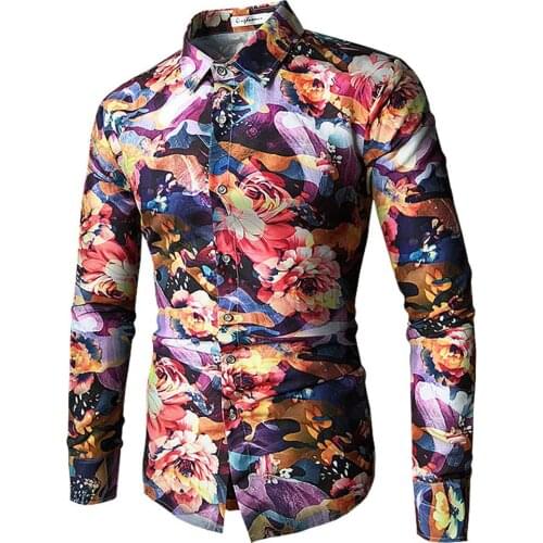 Mens Shirt Long Sleeve Turn Down Collar Cardigan Shirt with 3D Digital Printing Casual Single-Breasted Slim Type Tops