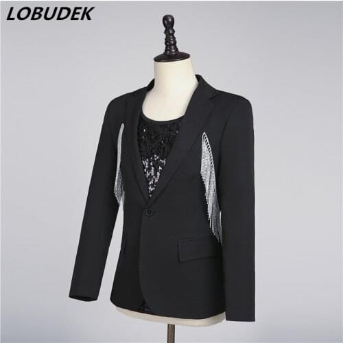 Mens Silver Chain Tassel Blazer Singer Dancer Stage Performance Costume Black Fringe Slim Fit Casual Coat Nightclub Suit Jacket