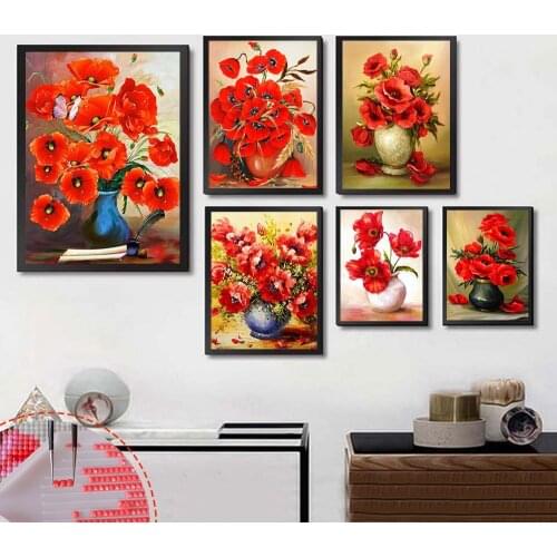 HUACAN Full Drill Diamond Painting Vase Of Flowers Embroidery Mosaic Poppy Cross Stitch Home Decoration Diamond Art