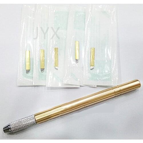 Gold Microblading Pen Set with 5 Pcs Needle Permanent Makeup Pen Machine for Lip and Eyebrow Tattoo Equipment