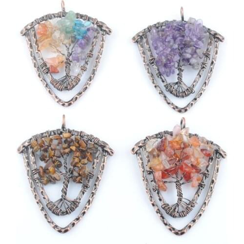 Wholesale 4Pcs/Lot Tree of Life Pendulum Shield Pendants Antique Copper Wire Wrapped 7 Chakra Natural Stone Chips Beads QBN420