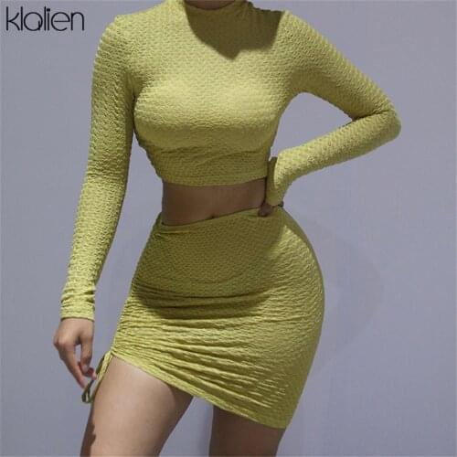 KLALIEN Autumn Solid Slim Stretch Long Sleeve O Neck T Shirt and Mini Skirt Two Piece Set For Women Fashion Casual Y2K Skirt Set