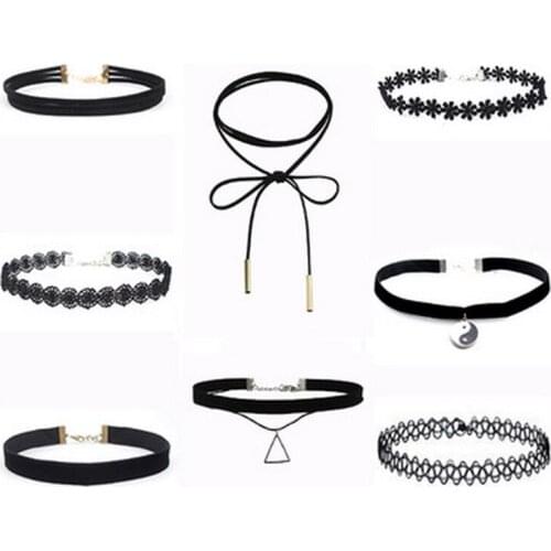 New Fashion Chokers Set Black Lace Velvet Chokers Necklace For Women Harajuku Ribbons Necklaces Flower Lips Charms jewelry