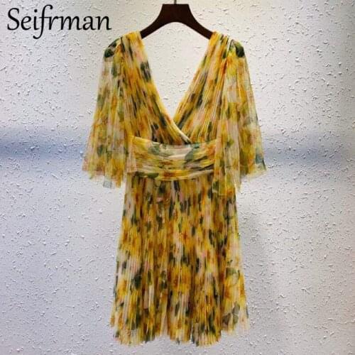 Seifrmann New 2021 Summer Women Fashion Designer Party Midi Dress Sexy Deep V-Neck High Waist Floral Print Ladies Mesh Dress