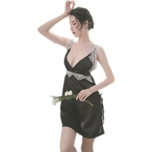 Silk Sleepwear Satin Nightgowns Lace Night Gown Women Lingerie Deep V NightDress Vintage Sexy Hot Erotic Patchwork Homewear Red