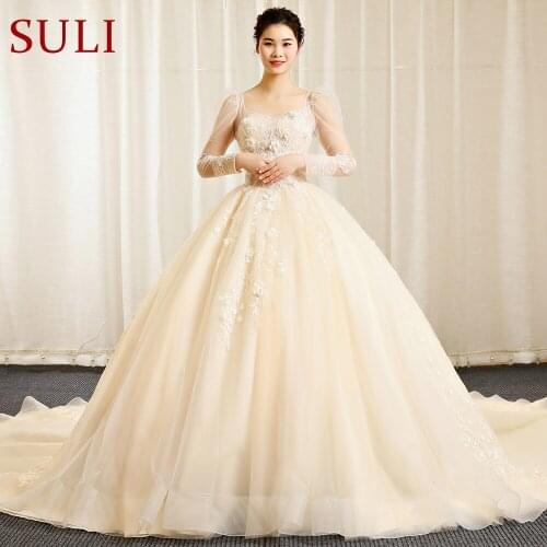SL-524 ball gown wedding dress elegant lace appliques real picture beads long sleeve bridal wedding gowns dress woman