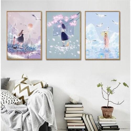 Modern Home Decoration Nordic Pink Girl Artistic Concept Scenery Cartoon Canvas Painting Living Room Wall Art Posters and prints
