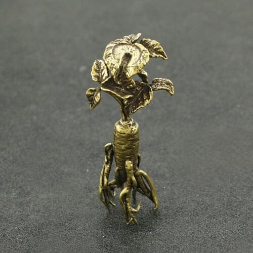Antique Handmade Brass Wild Ginseng Meaning Happy Life Craft Teahouse Living Room Ornament Miniature Desktop Decoration