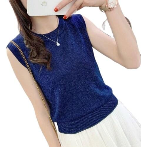 Bright silk camisole womens short large size loose Korean round neck new bottoming shirt sleeveless knitted fat mm outer wear