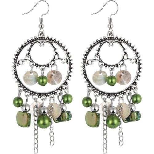 Hesiod Vintage Alloy Sea Shell Beads Dangle Earrings For Women Round Circle With Stone Bead Earrings Summer Jewelry