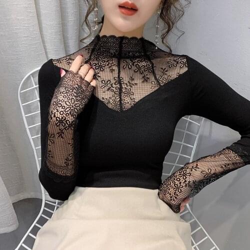 Sexy Lace Stitching Sweater Shirt 2021 Spring Half Turtleneck Female Long-Sleeved Render Unlined Slim Elegant Top Knit-Shirts