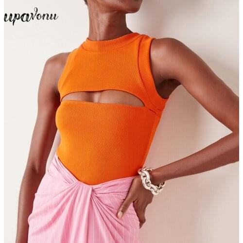 Free Shipping 2021 Womens Summer One-Piece Trouserless Top Orange O-Neck Sleeveless Bodycon Hollow Top Black Sexy Party Top