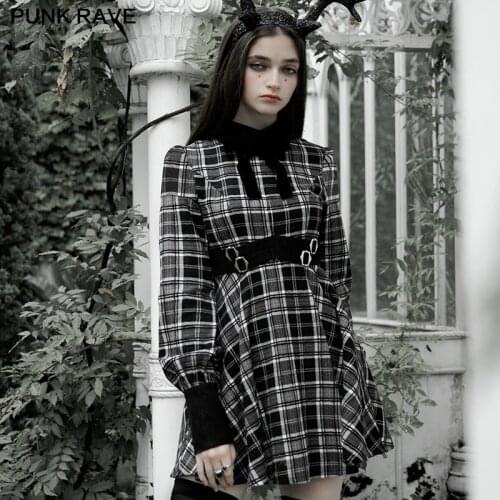 PUNK RAVE Womens Gothic Plaid Court Collect Waist Dress Japanese Button Decoration Velvet Bow Long Sleeve Dresses Spring Autumn