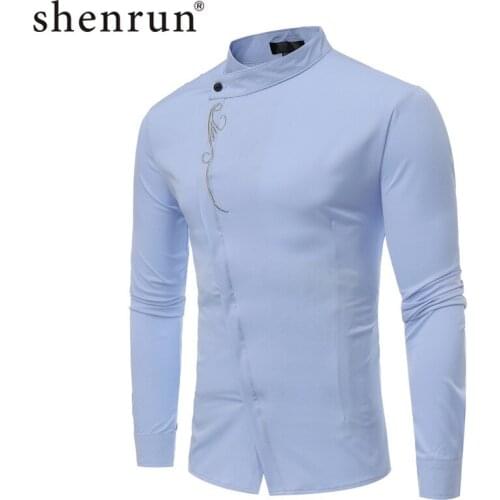 Shenrun Men Fashion Shirts Long Sleeve Stand Up Collar Slant Closure Embroidery Casual Wedding Groom Dress Shirt Party Prom Ball