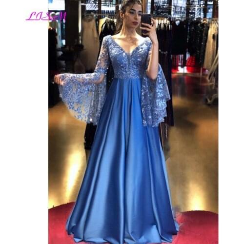 Royal Blue Long Sleeves Evening Dresses A-Line Satin Lace Appliques Formal Gowns Elegant V-Neck Prom Party Dress for Women