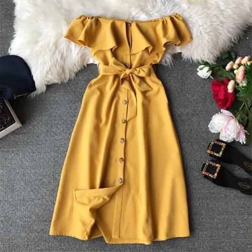 2019 Summer New Women Casual Beach Dress Vintage Elegant A-Line Midi Dress Single-breasted With Belt Party Dress Vestidos R660