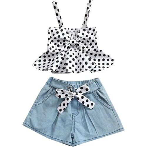 Pudcoco 1-6T 2Pcs Summer Baby Girls Sleeveless Polka Dot Print Summer Ruffles Tops+Denim Shorts Jeans Pants Outfit Sets