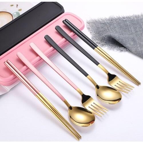 304 stainless steel spoon chopsticks fork three-piece dinner set student portable tableware set gift cutlery
