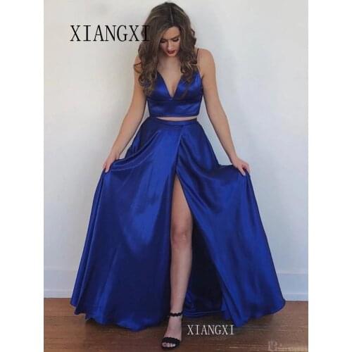 Royal Blue Two Piece Prom Dresses 2020 A Line Satin Long Prom Gown with High Slit V-Neck Backless Yellow Evening Dress