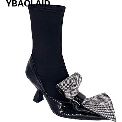 Sparkling Bow Rhinestone Shaped High-heel Socks Boots New Autumn and Winter Fashion All-match Leather Elastic Cloth Sleeve Boots