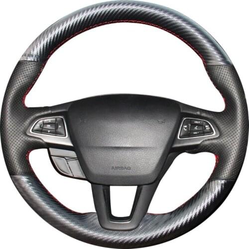 Black Leather Carbon Fiber Car Steering Wheel Cover for Ford Focus 3 2015-2018 Kuga 2016-2019 Escape C-MAX Ecosport 2018-2019