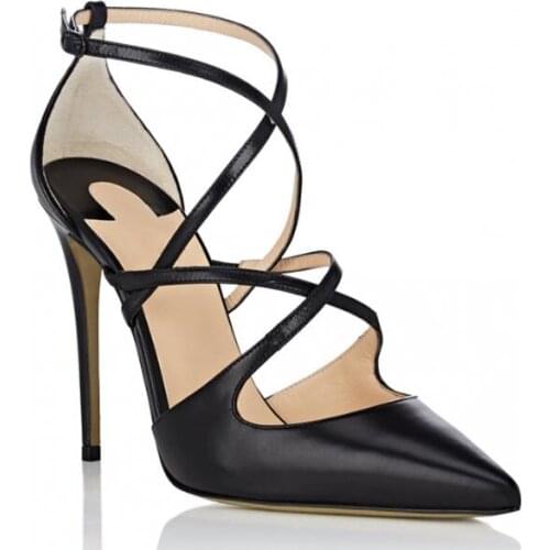 Black and White Real Leather Pumps Autumn sexy new pointed buckle cross straps fine high heels fashion party shoes female