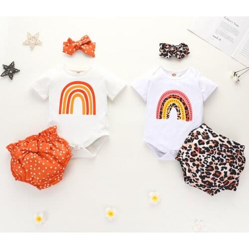 Infant Newborn Baby Summer Outfit Girls Short Sleeve Round Neck Rainbow Print Romper+Leopard Shorts and Headband Set