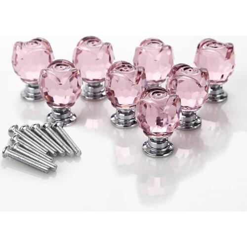 Door Knobs Pink Rose Crystal Glass Kitchen Cabinet Pulls Drawer Furniture Handle 22MM