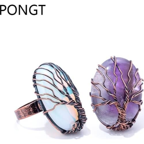 Natural stone ring for women men tree of life ring Copper Handmade Wire Wrap Oval adjustable ring healing stone Jewelry hot sale