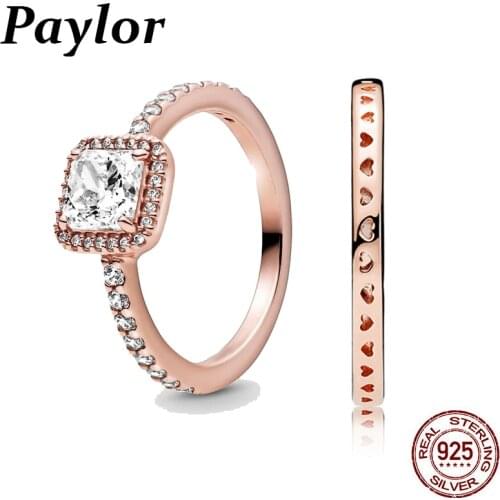 Paylor 925 Sterling Silver Rings CZ Zircon Square Sparkle Halo Ring Original Rose Gold Color Womens Rings Engagement Rings