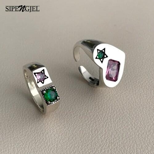 SIPENGJEL Fashion Heart Love Ring Pink Rectangle Green Star Zircon Inlaid Opening Rings For Women Jewelry