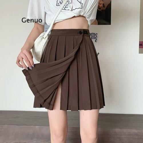 Brown Pleated Skirt Women Kawaii Vintage High Waist A-line Mini Skirts Summer Preppy Style Girl Korean Fashion Casual