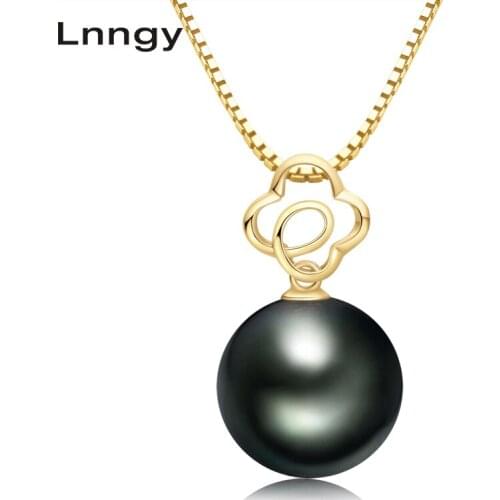 Lnngy 18K Solid Gold Black Pearl Pendant Hollow Flower Natural Tahiti Pearl Women Wedding Pendant With Silver Necklace(Gift)