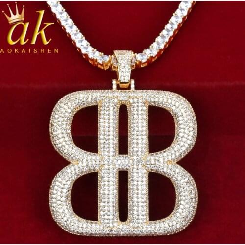 B Letter Shape Pendant Tennis Chain Gold Color Necklace Cubic Zircon Hip Hop Men Jewelry