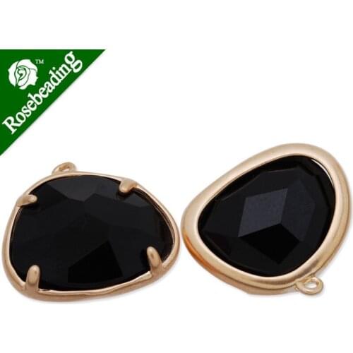 15x15.5mm matt gold plated framed glass,Faceted glass,black,connectors,gemstone bezel,Sold 5pcs/lot-C4140