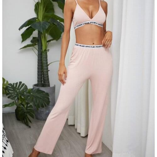 Fashion Women 2pcs Letter Printed Sleepwear Sexy Spaghetti Strap Bra Long Pants Pajama Set Ladies Pajama Party Set