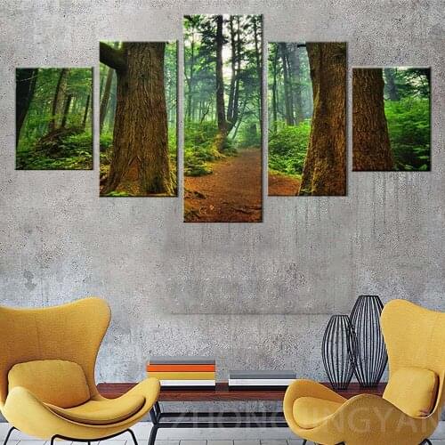 Printed Landscape Modular Picture Canvas Painting Wall Art Frame 5 Panel Forest Trees For Living Room Home Wall Art Decor