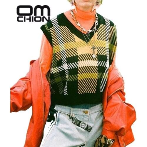 OMCHION Pull Femme 2021 New Korean Irregular Stripe Print Loose Sleeveless Sweater Vest Women Casual Oversized Vintage Tops BN34