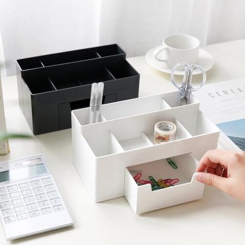 Square Desktop Plastic Pen Holder Desk Organizer Cosmetic Storage Box Multifunctional Pencil Stand with Small Drawer Container