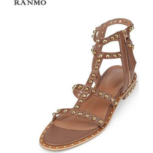 2021 Summer Personality Rivet Roman Sandals Womens Shoes Zipper Open Low Heel Shoes Retro Commuter Sandals Open Toe Shoes