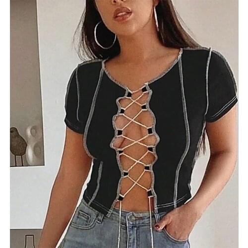 TIESOME Sexy Hollow Out Bandage Tops Women T Shirt Short Sleeve Summer Crop Top Slim Club Party Casual Female Wear Mujer