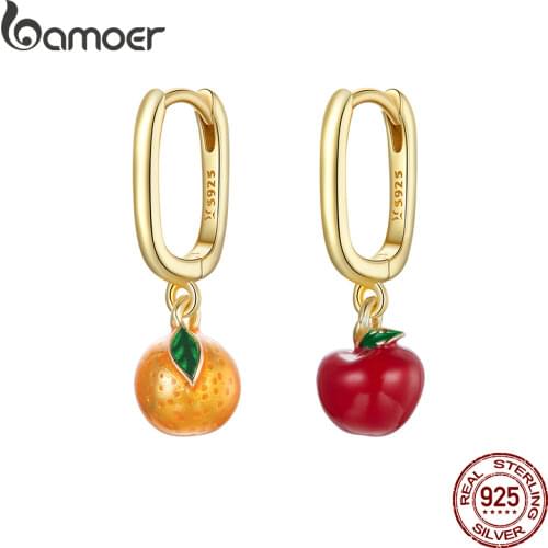 BAMOER 1pc Fruit Dangle Single Earring for Women Enamel Orange and Apple Earrings 925 Sterling Silver Gold Color Jewelry SCE1078