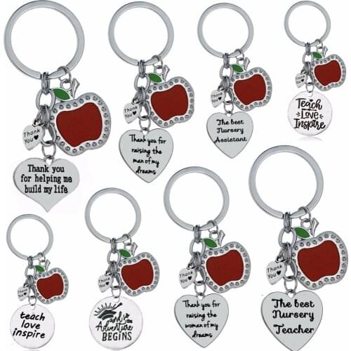 Chic Teaching Assistant Nursery Teacher Keychain Thank You Teachers Keyring Gifts Apple Love Heart Charms Key Chain Ring Jewelry