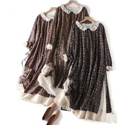 Vintage Japanese style lace peter pan collar long sleeve rustic flowers print cotton layers dress 2020 autumn