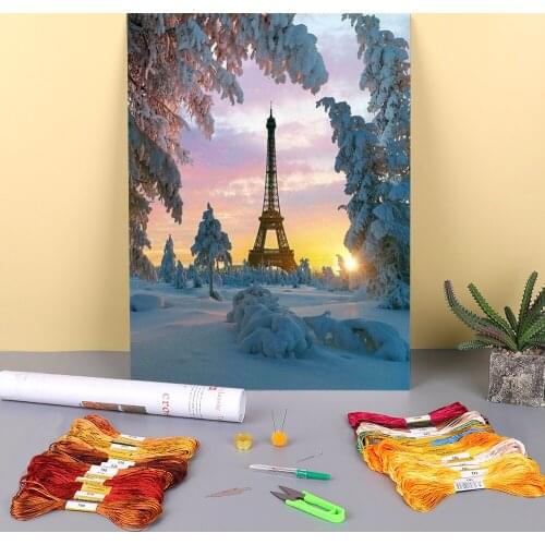 Landscape Paris Tower Printed Water-Soluble Canvas 11CT Cross-Stitch Kit Embroidery DMC Threads Handicraft Mulina