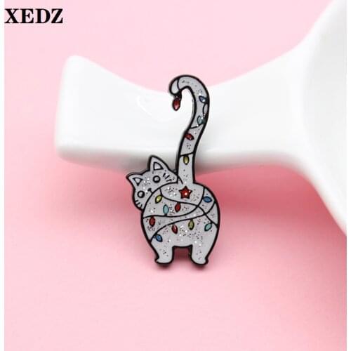 XEDZ color gem cat metal pin gray cat ass cat tail design badge cartoon animal brooch bag clothes lapel badge children jewelry